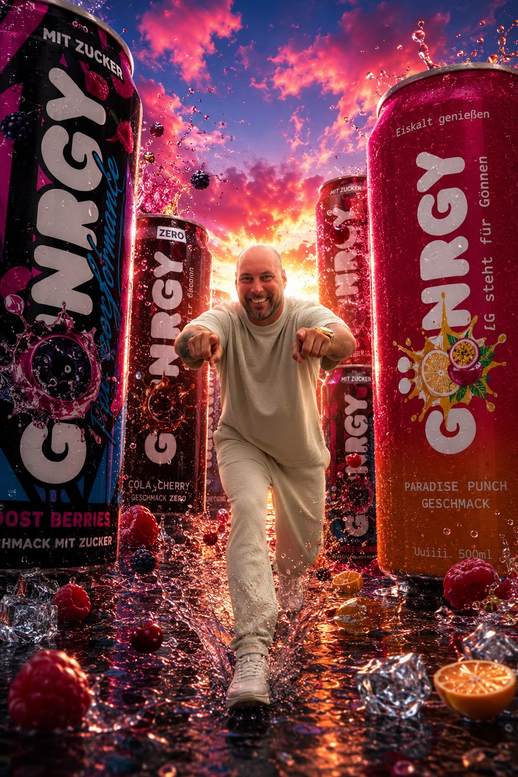 GOENRGY Energy Drink Werbemotiv mit dem Mann, der auf den Betrachter zeigt, umgeben von Früchten.